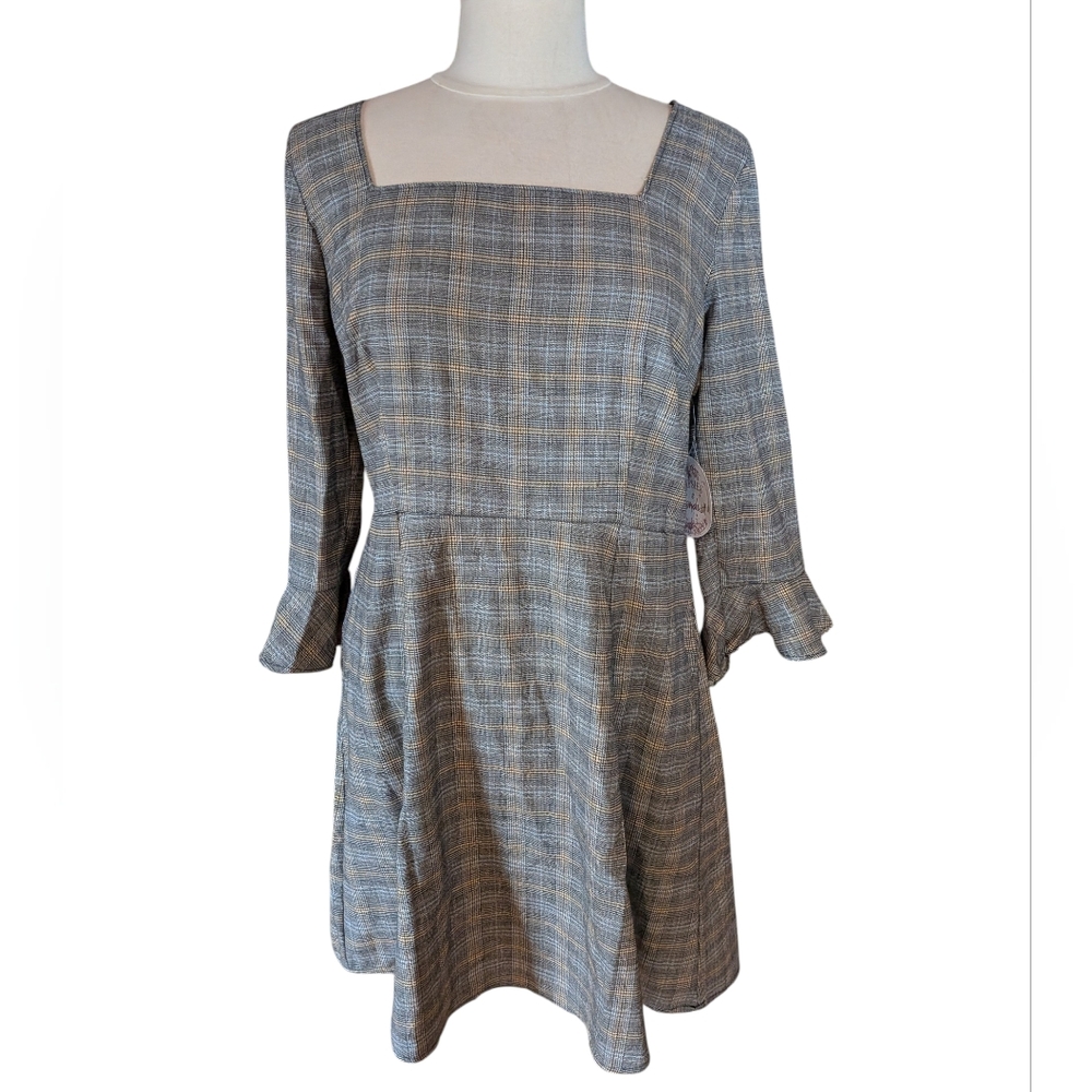 Gypsies And Moondust NWT Gray Plaid Long sleeve Midi Dress, Size Large